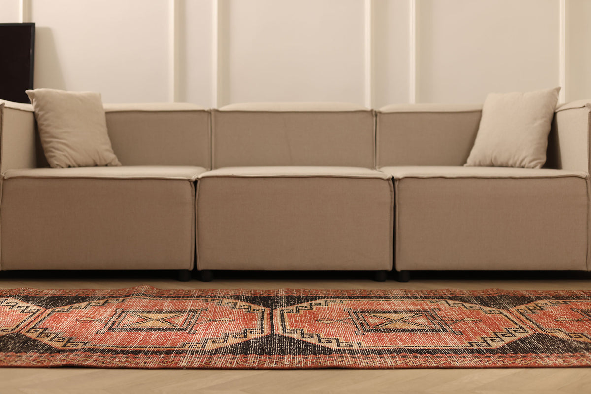 Vintage Malatya Turkish Runner Rug 3x10 ft — Red & Brown Geometric (No. 39224)