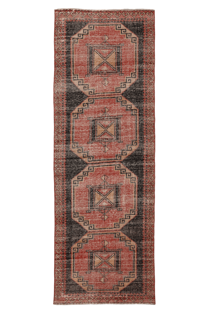 Vintage Malatya Turkish Runner Rug 3x10 ft — Red & Brown Geometric (No. 39224)