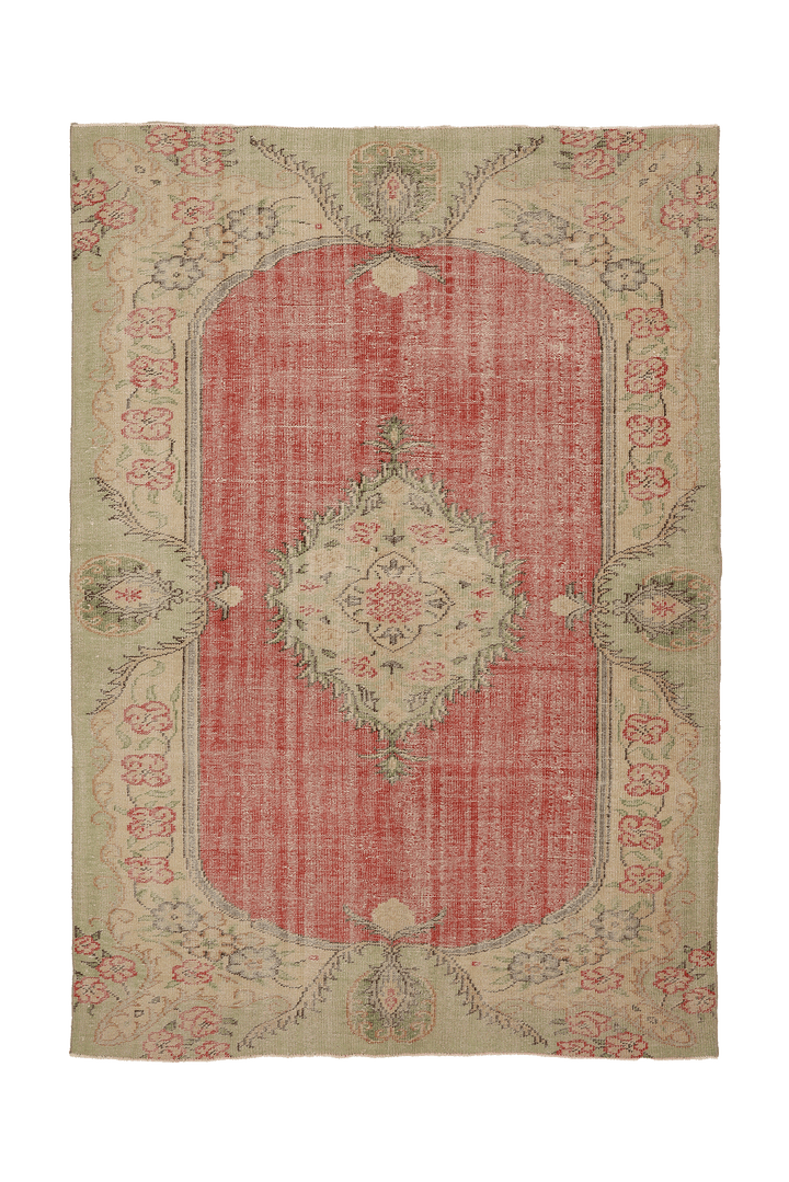 Vintage Manisa Turkish Area Rug 6x8 ft — Red & Beige Floral