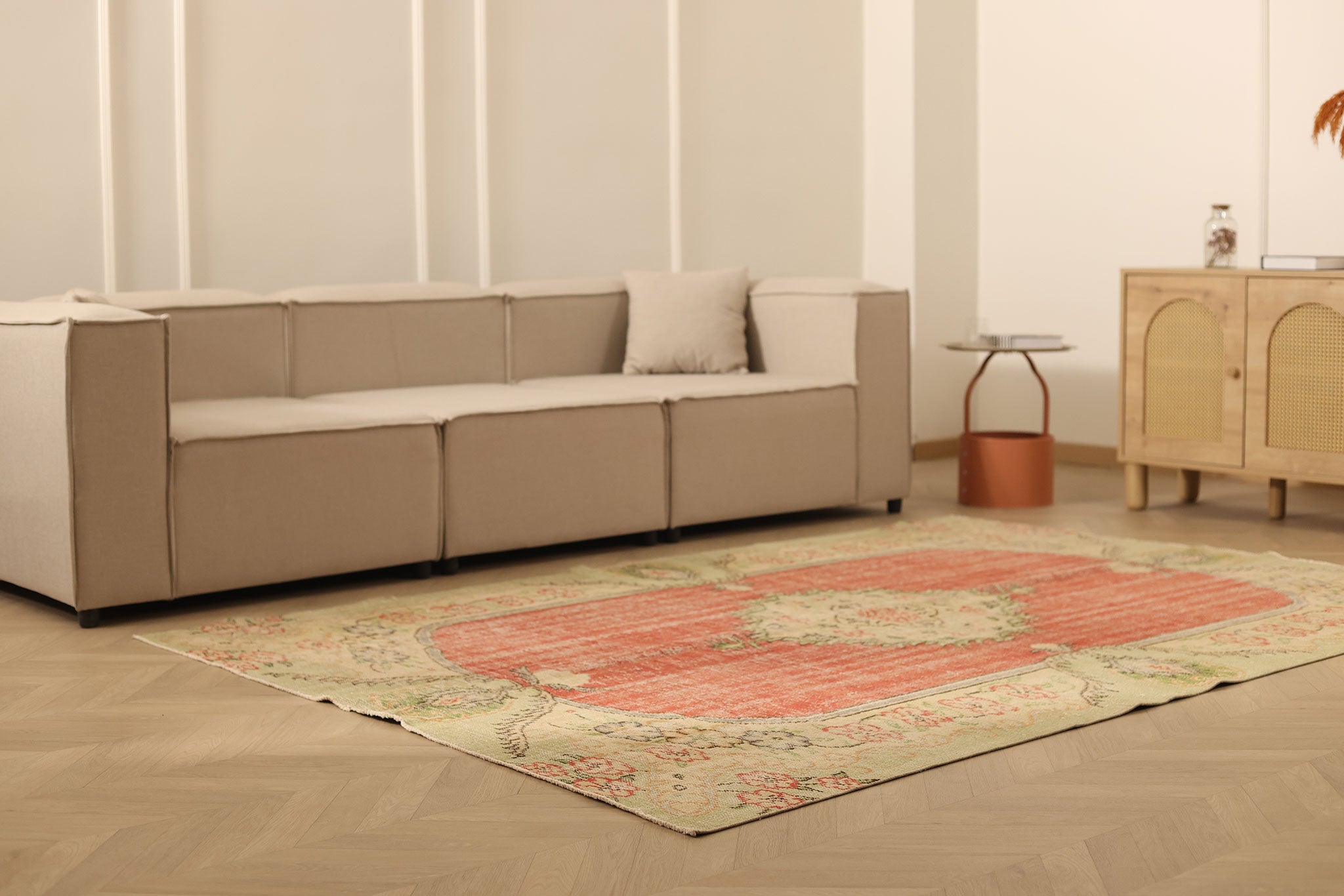 Vintage Manisa Turkish Area Rug 6x8 ft — Red & Beige Floral