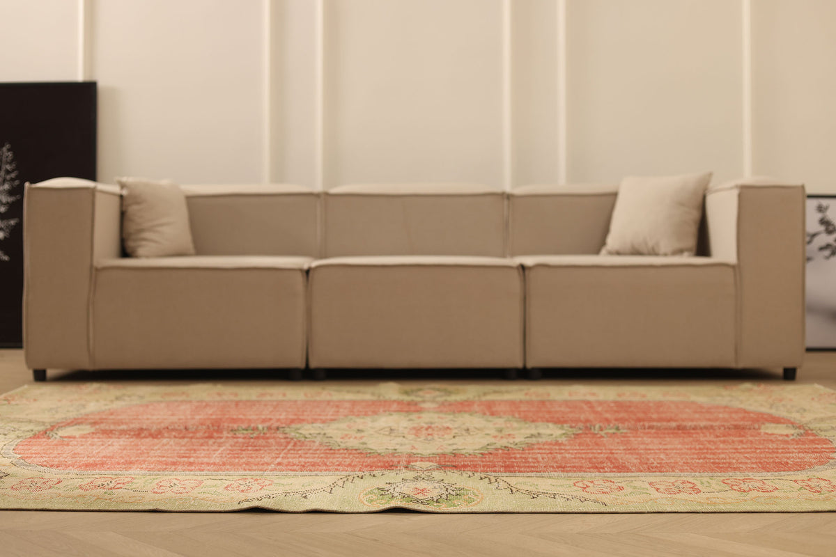 Vintage Manisa Turkish Area Rug 6x8 ft — Red & Beige Floral