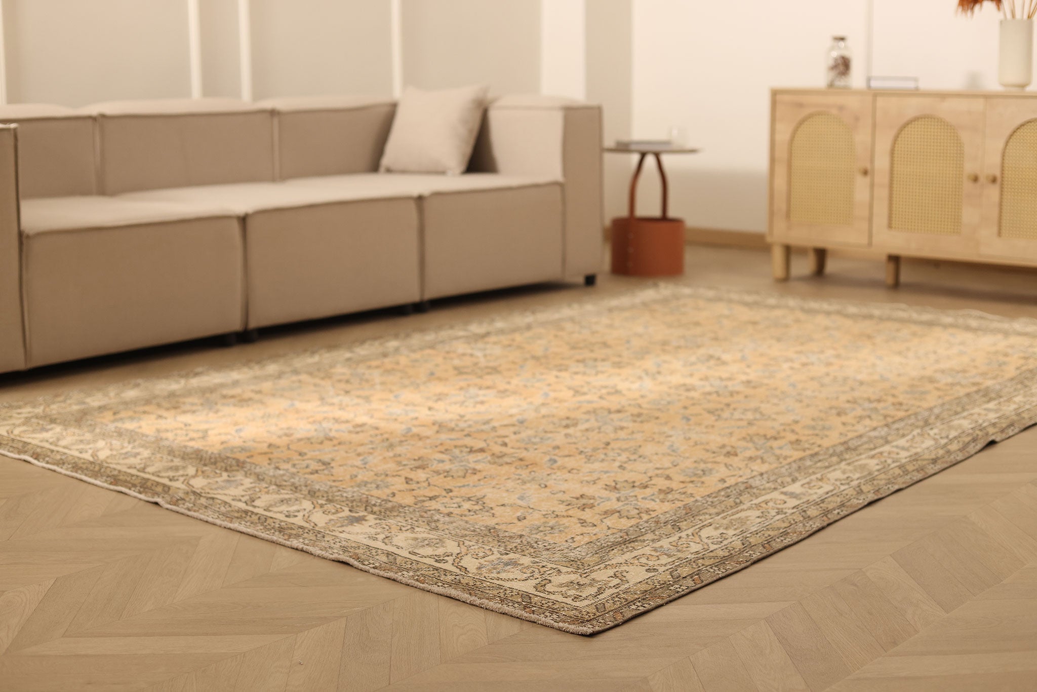 Vintage Isparta Turkish Area Rug 6x10 ft — Beige & Brown Floral (No. 39254)