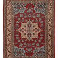 Vintage Isparta Turkish Area Rug 5x8 ft — Red & Blue Geometric