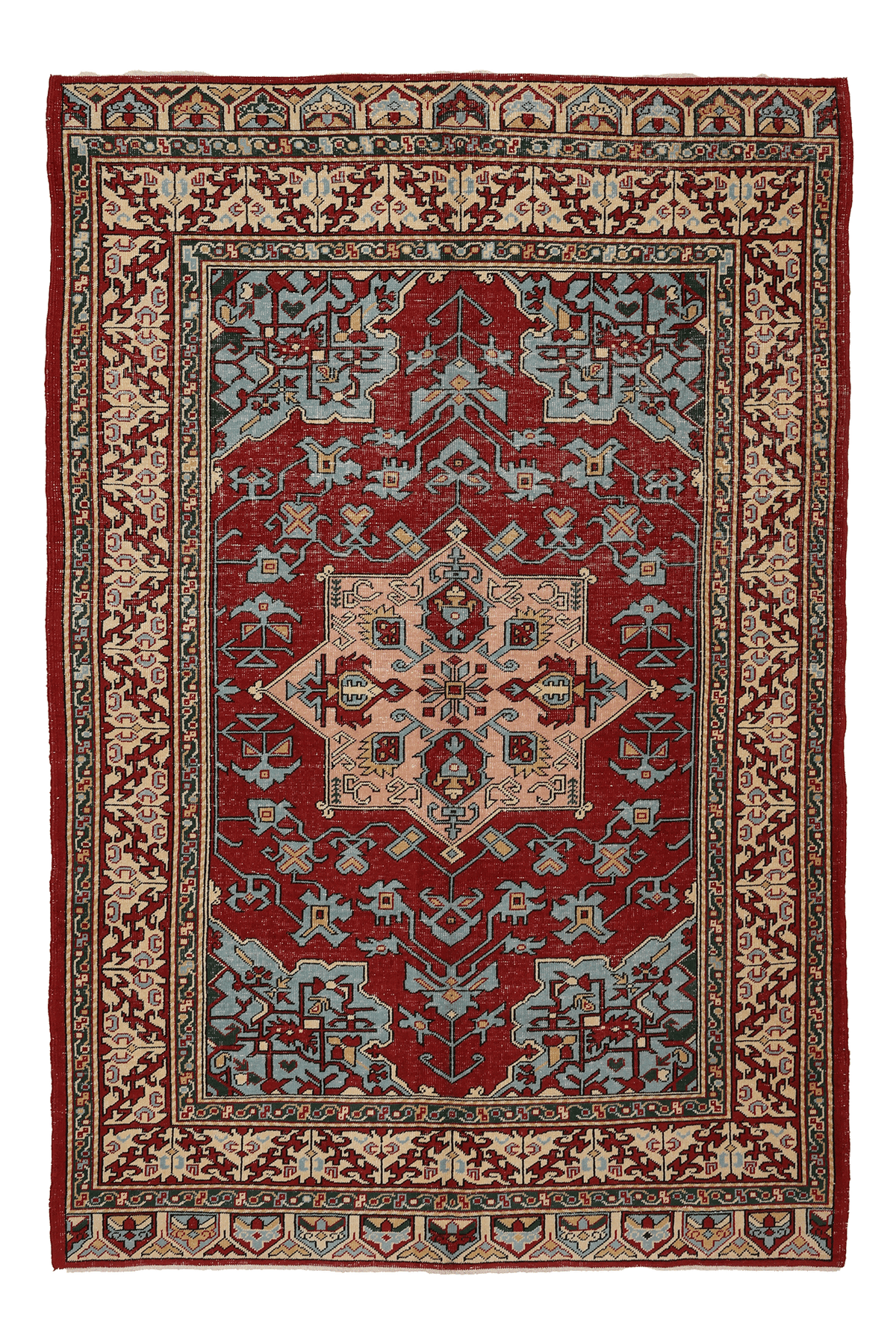Vintage Isparta Turkish Area Rug 5x8 ft — Red & Blue Geometric