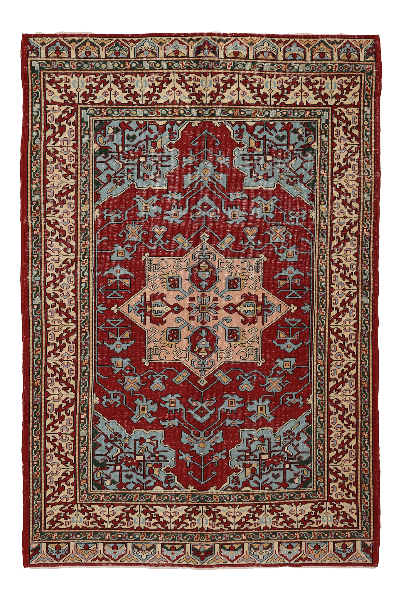 Vintage Isparta Turkish Area Rug 5x8 ft — Red & Blue Geometric
