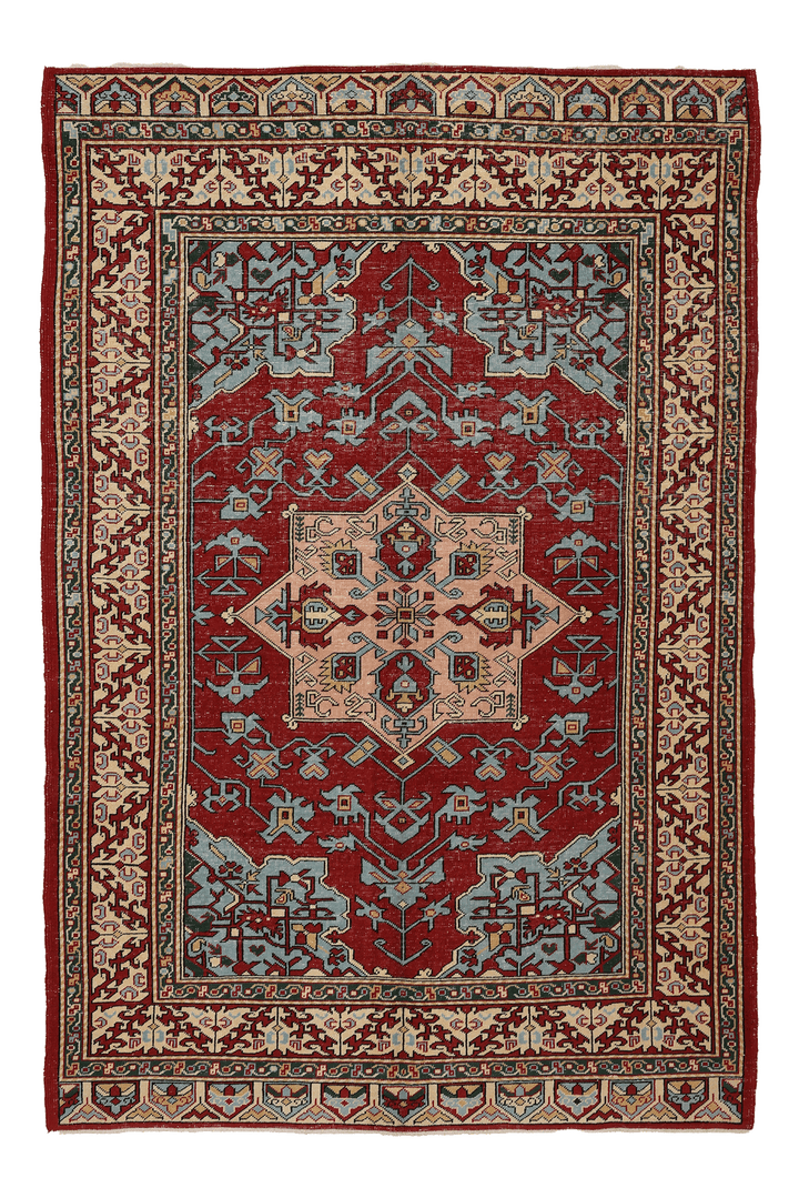 Vintage Isparta Turkish Area Rug 5x8 ft — Red & Blue Geometric