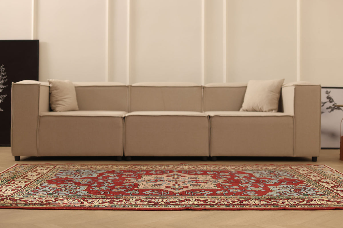 Vintage Isparta Turkish Area Rug 5x8 ft — Red & Blue Geometric