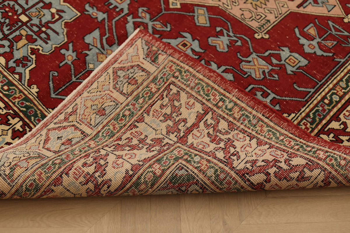 Vintage Isparta Turkish Area Rug 5x8 ft — Red & Blue Geometric
