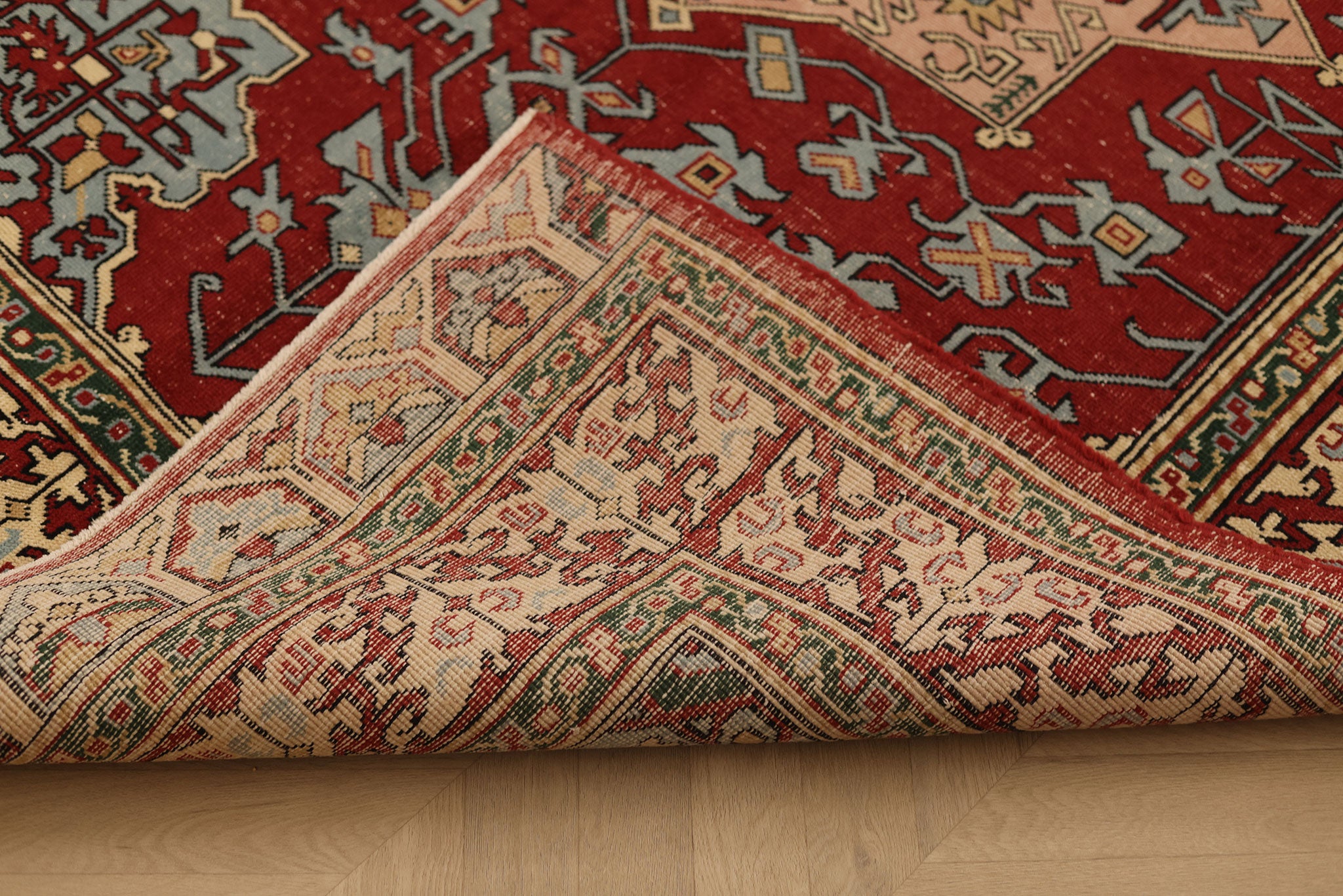 Vintage Isparta Turkish Area Rug 5x8 ft — Red & Blue Geometric