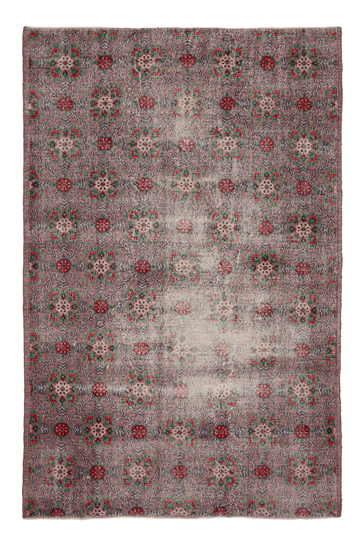 Vintage Isparta Turkish Area Rug 6x9 ft — Gray & Red Floral (No. 39258)