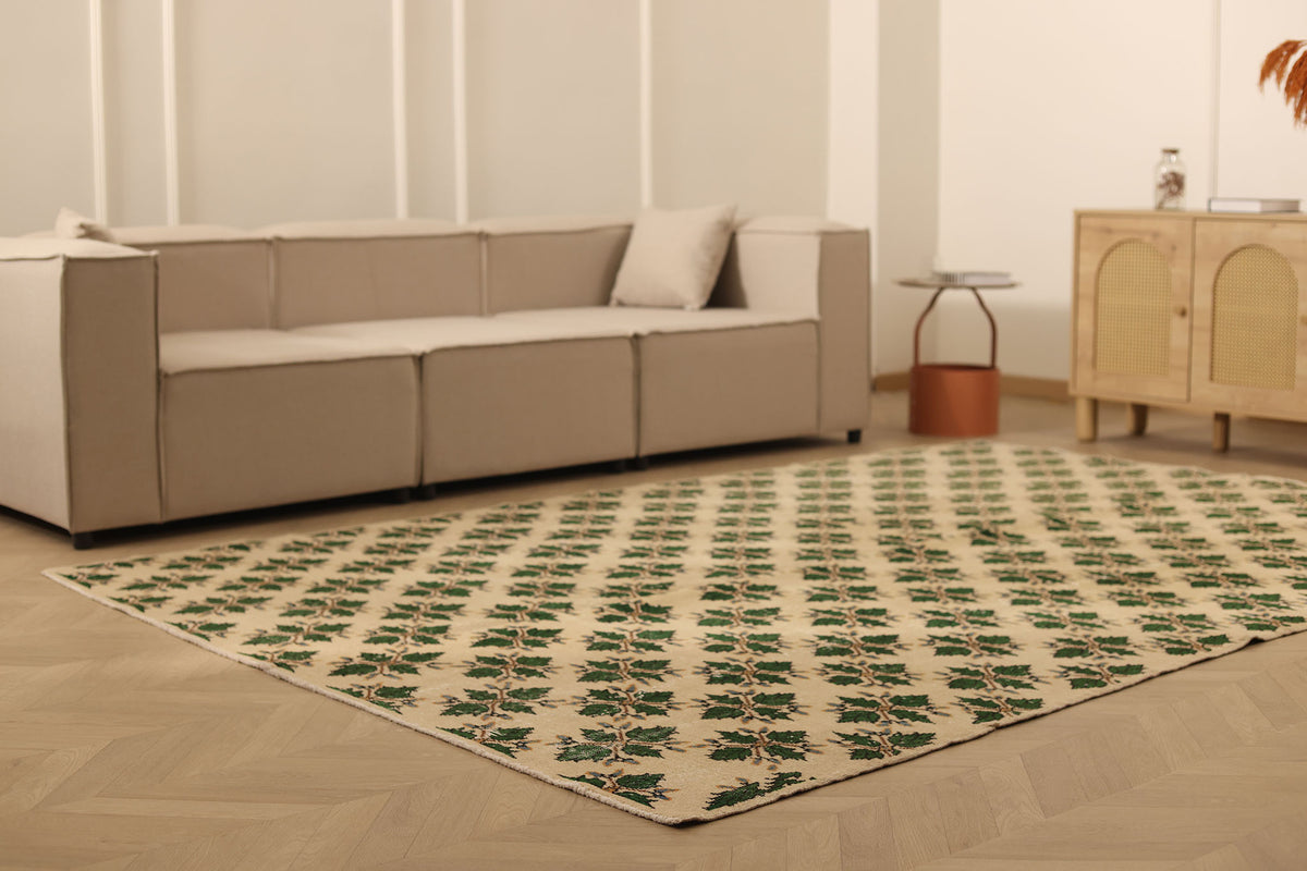Vintage Isparta Turkish Area Rug 7x10 ft — Beige & Green Floral