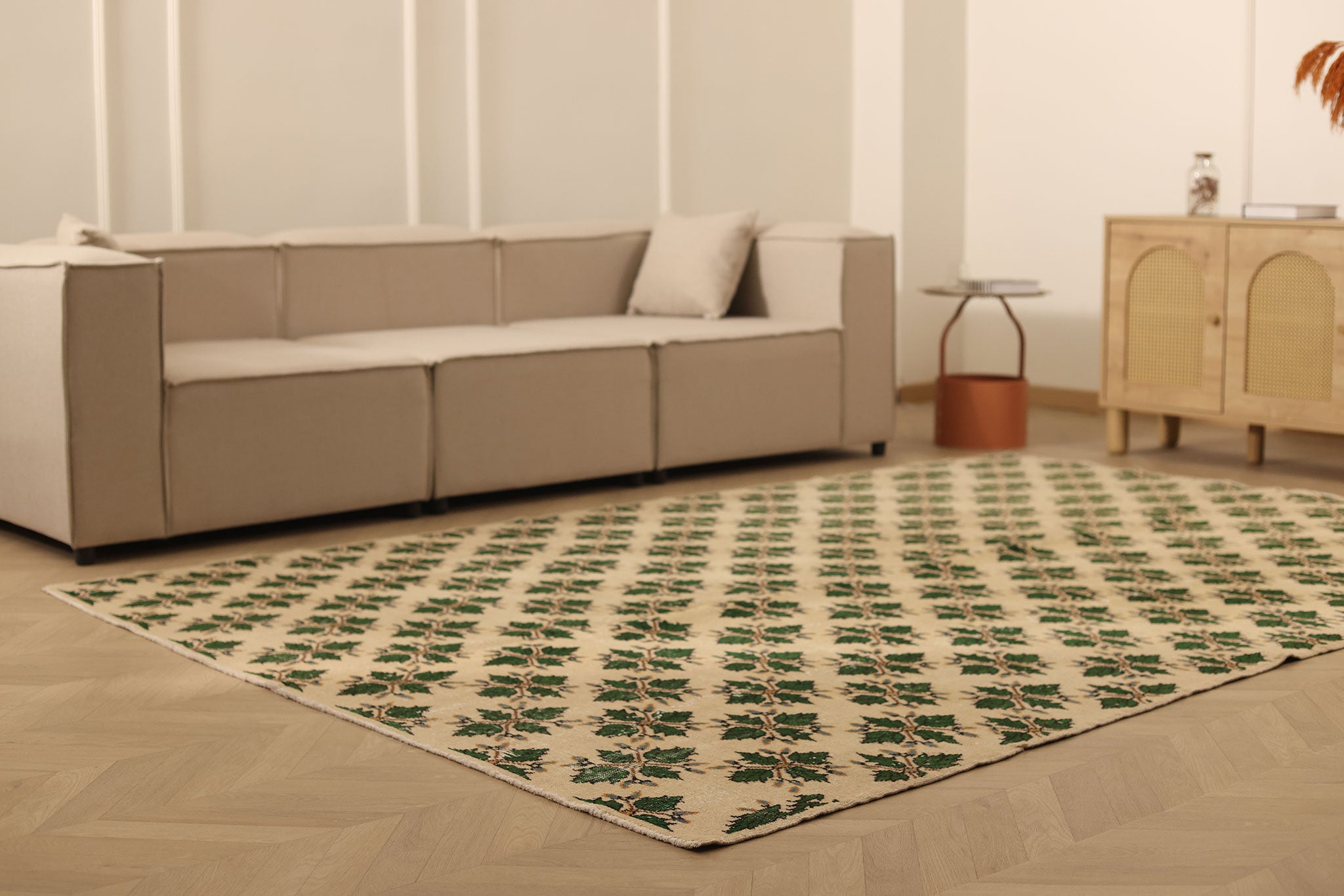 Vintage Isparta Turkish Area Rug 7x10 ft — Beige & Green Floral