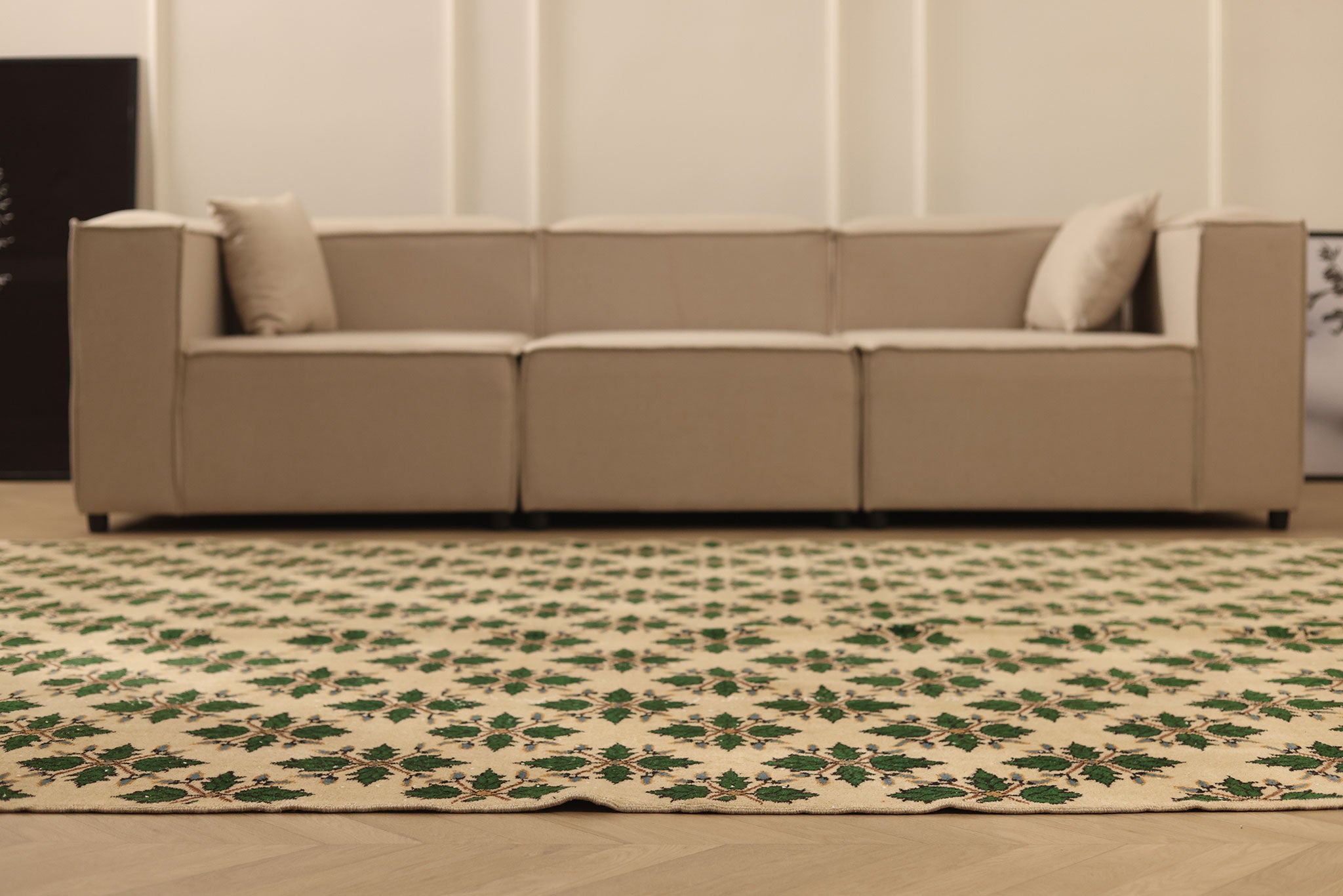 Vintage Isparta Turkish Area Rug 7x10 ft — Beige & Green Floral
