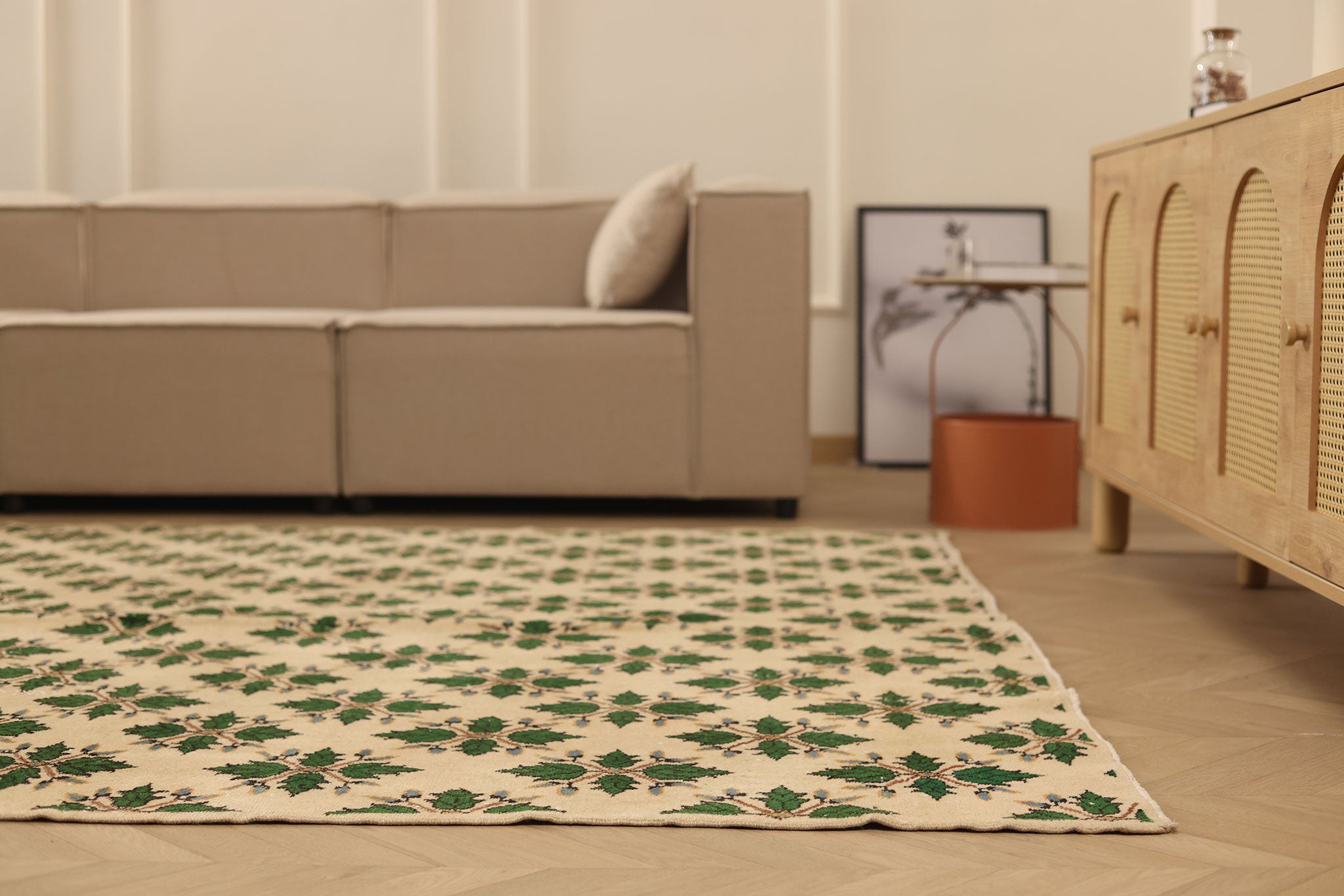 Vintage Isparta Turkish Area Rug 7x10 ft — Beige & Green Floral