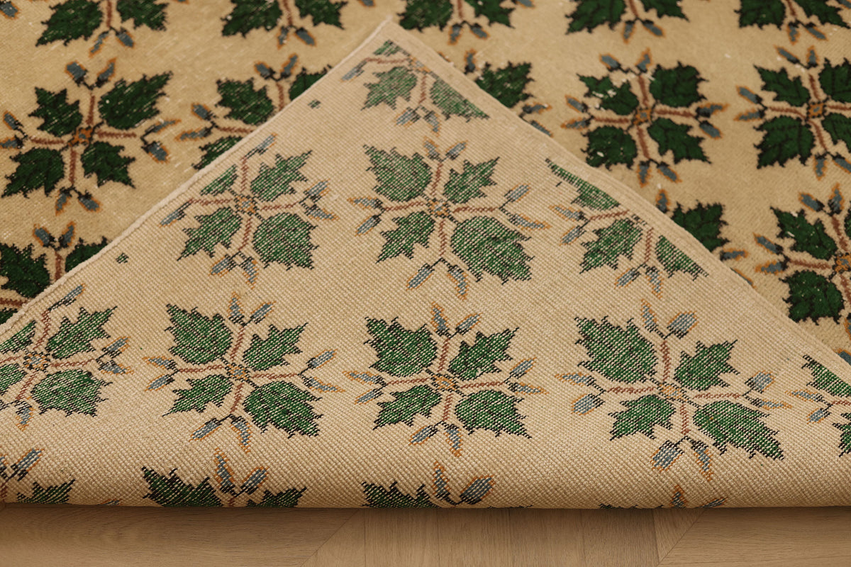 Vintage Isparta Turkish Area Rug 7x10 ft — Beige & Green Floral