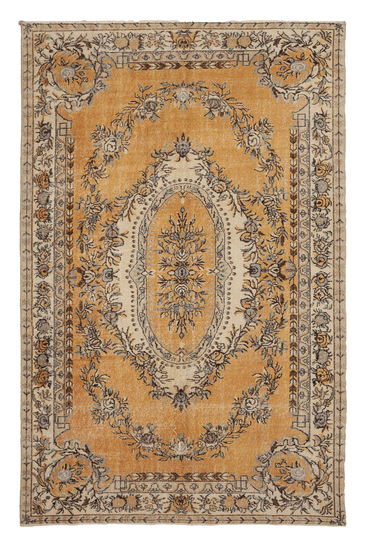 Vintage Isparta Turkish Area Rug 6x10 ft — Orange & Beige Floral