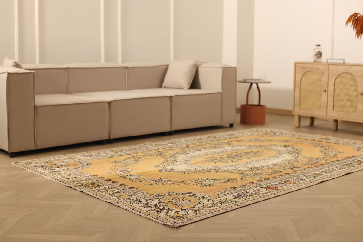 Vintage Isparta Turkish Area Rug 6x10 ft — Orange & Beige Floral