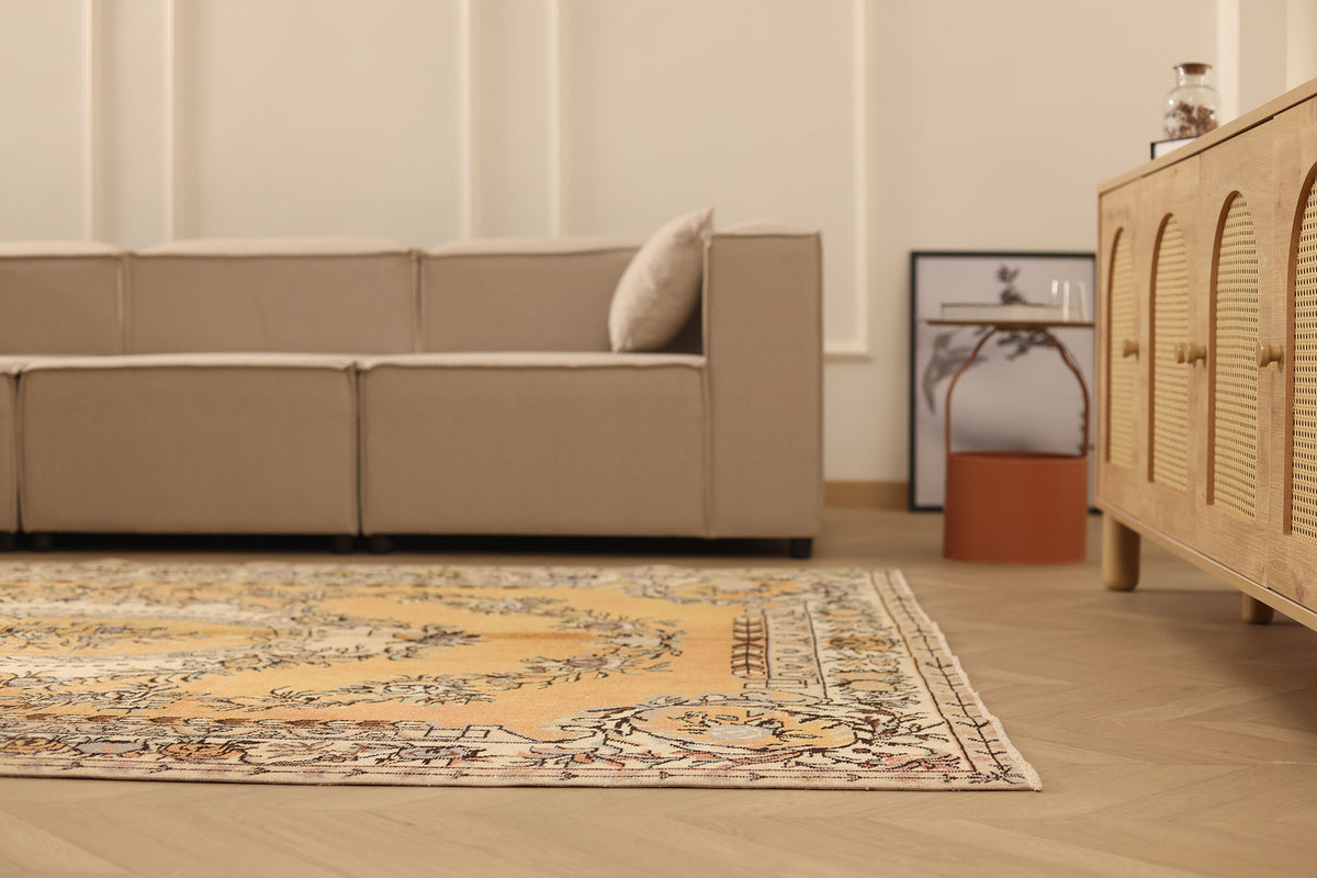 Vintage Isparta Turkish Area Rug 6x10 ft — Orange & Beige Floral