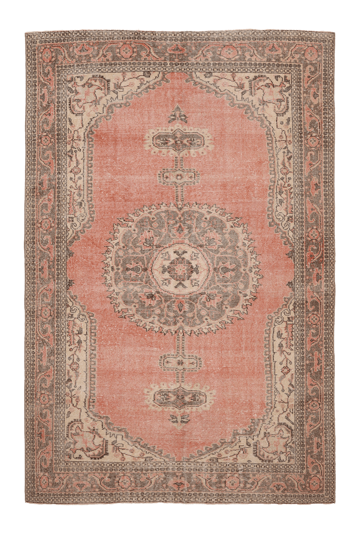 Vintage Isparta Turkish Area Rug 6x9 ft — Pink & Brown Floral (No. 39267)