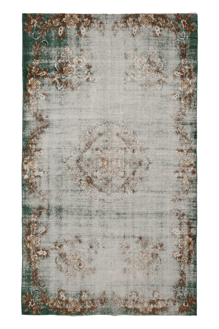 Vintage Isparta Turkish Area Rug 5x8 ft — Gray & Green Distressed
