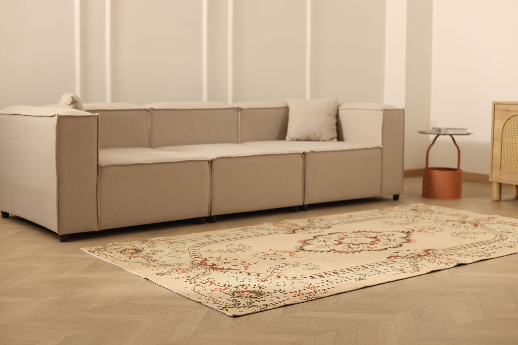 Vintage Manisa Turkish Area Rug 4x8 ft — Beige & Brown Floral