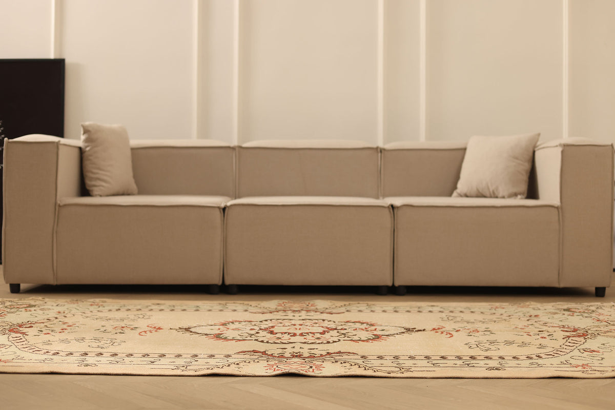 Vintage Manisa Turkish Area Rug 4x8 ft — Beige & Brown Floral