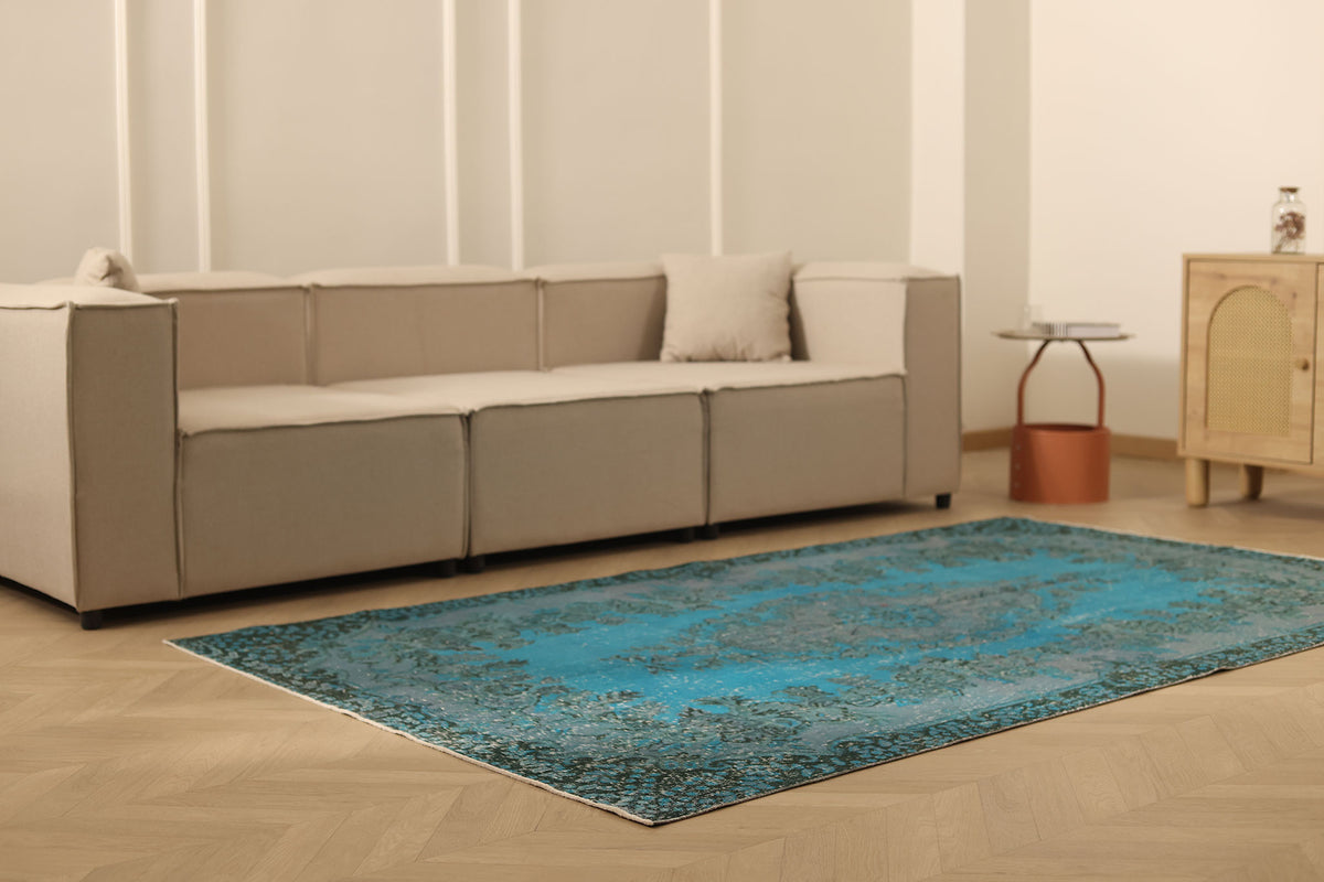 Vintage Isparta Turkish Area Rug 5x8 ft — Blue & Gray Overdyed
