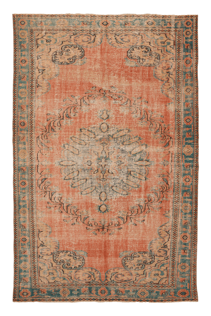 Vintage Manisa Turkish Area Rug 6x9 ft — Orange & Blue Floral