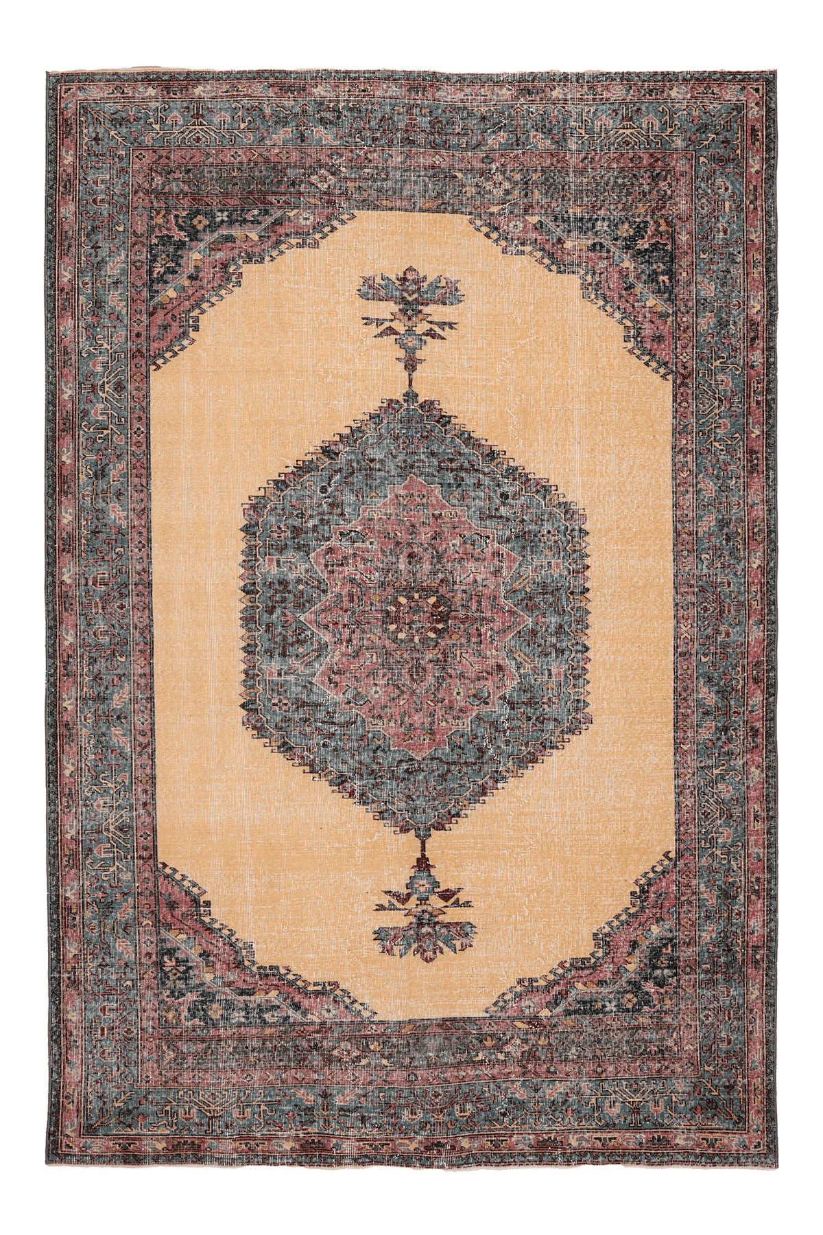 Vintage Isparta Turkish Area Rug 6x9 ft — Beige & Blue Geometric