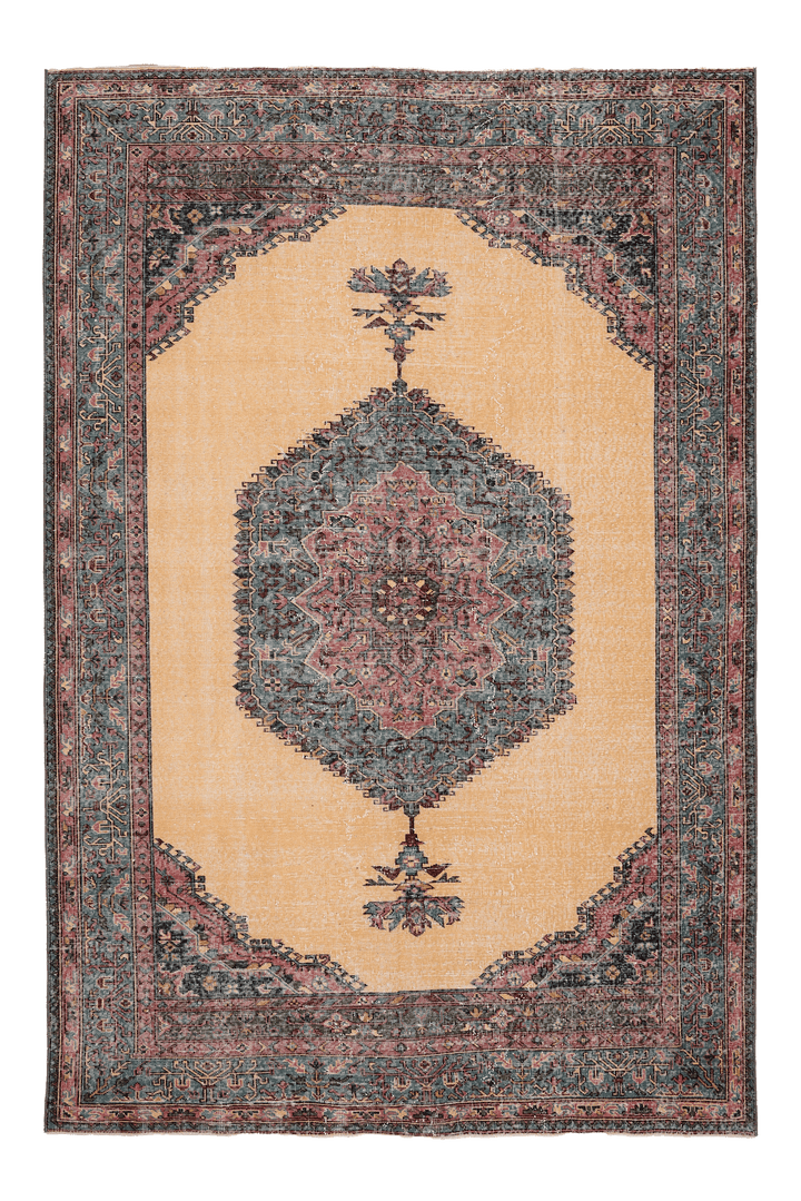 Vintage Isparta Turkish Area Rug 6x9 ft — Beige & Blue Geometric