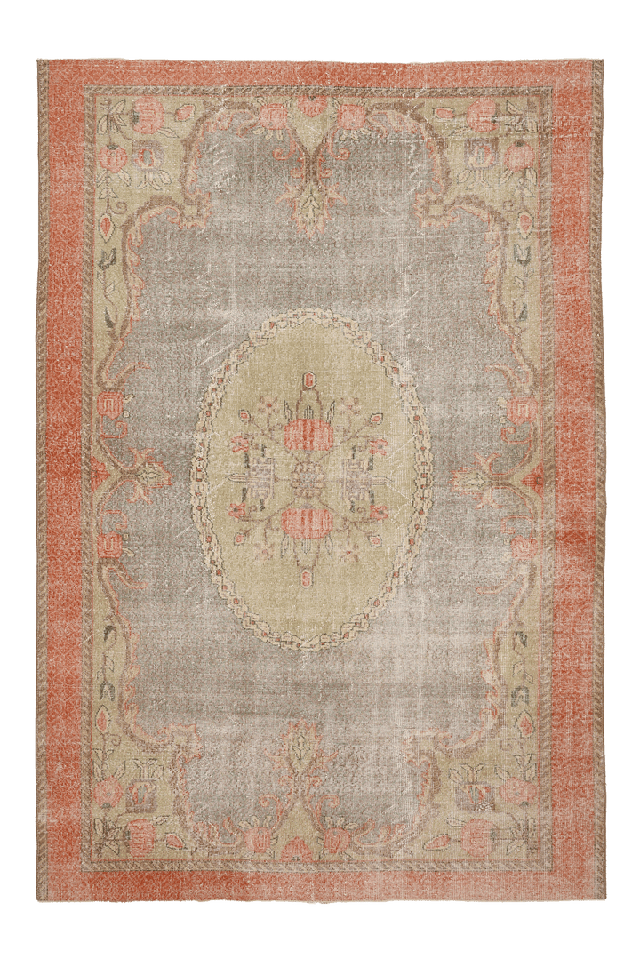 Vintage Isparta Turkish Area Rug 6x9 ft — Gray & Red Floral