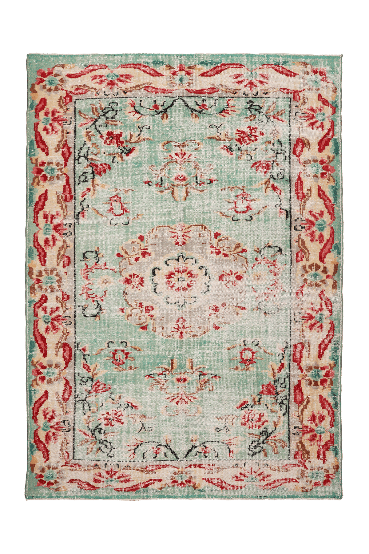 Vintage Manisa Turkish Area Rug 6x9 ft — Green & Red Floral