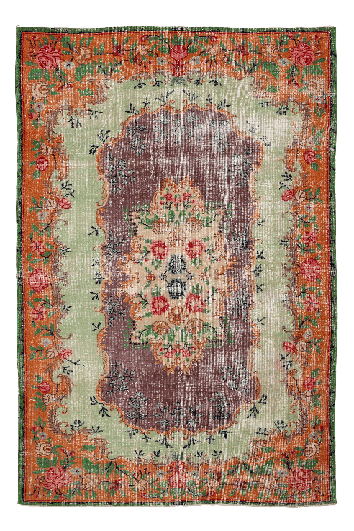 Vintage Isparta Turkish Area Rug 6x9 ft — Green & Orange Floral