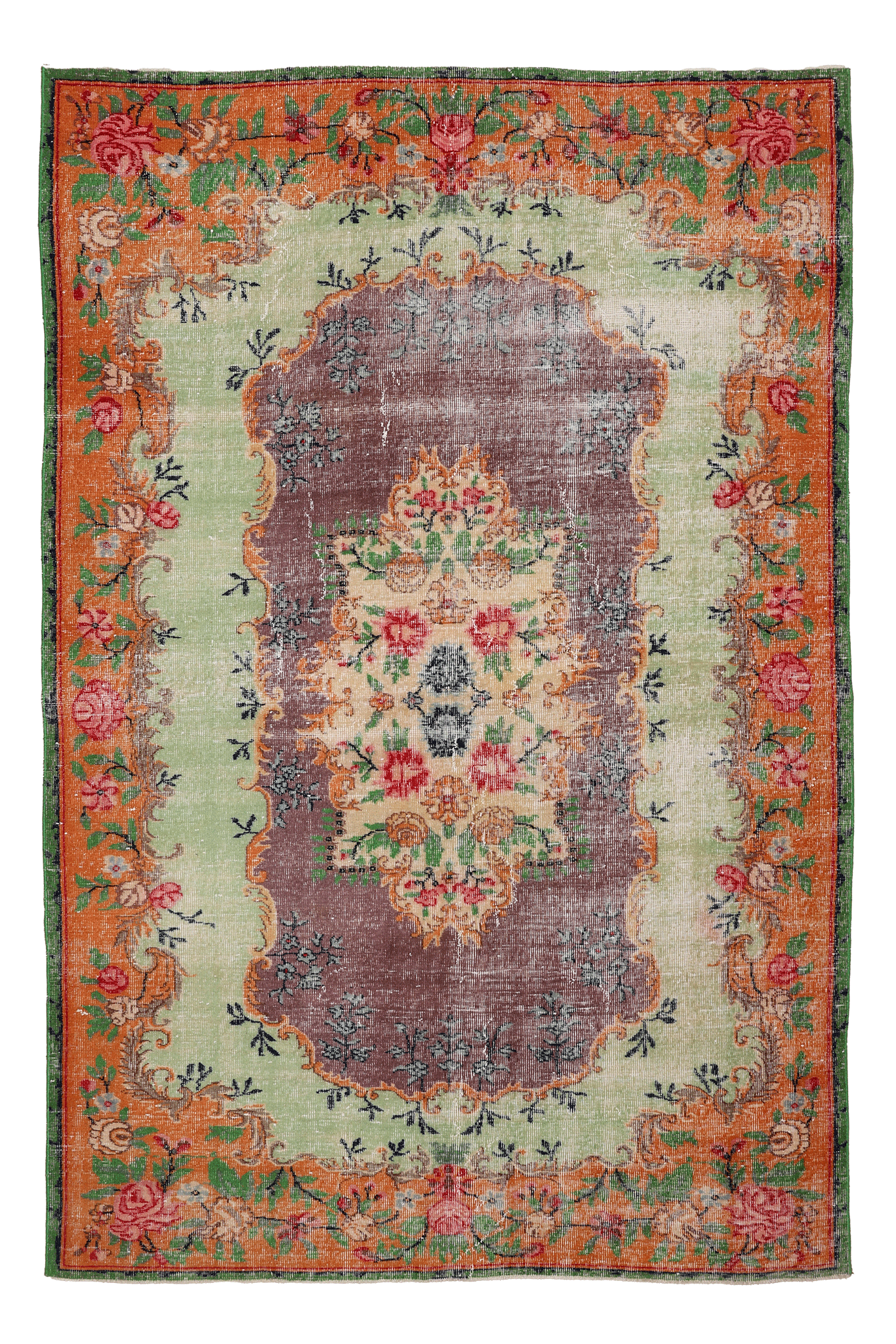 Vintage Isparta Turkish Area Rug 6x9 ft — Green & Orange Floral