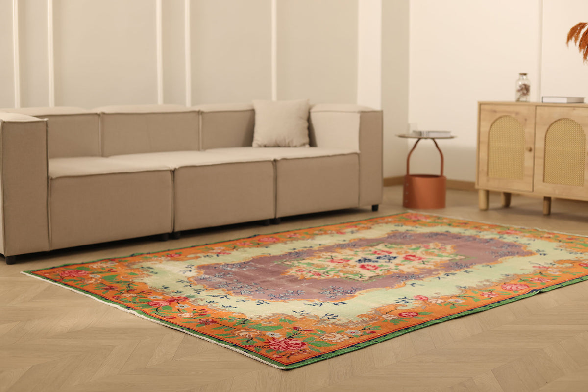 Vintage Isparta Turkish Area Rug 6x9 ft — Green & Orange Floral
