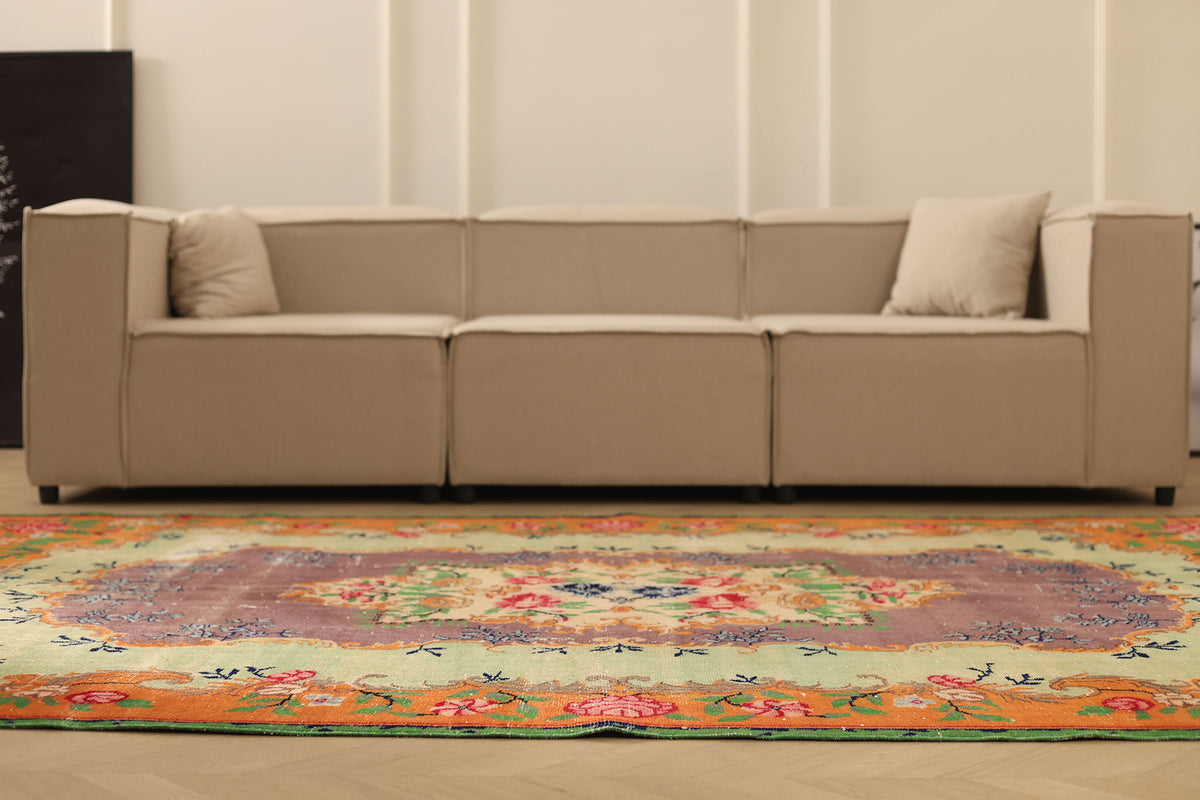 Vintage Isparta Turkish Area Rug 6x9 ft — Green & Orange Floral