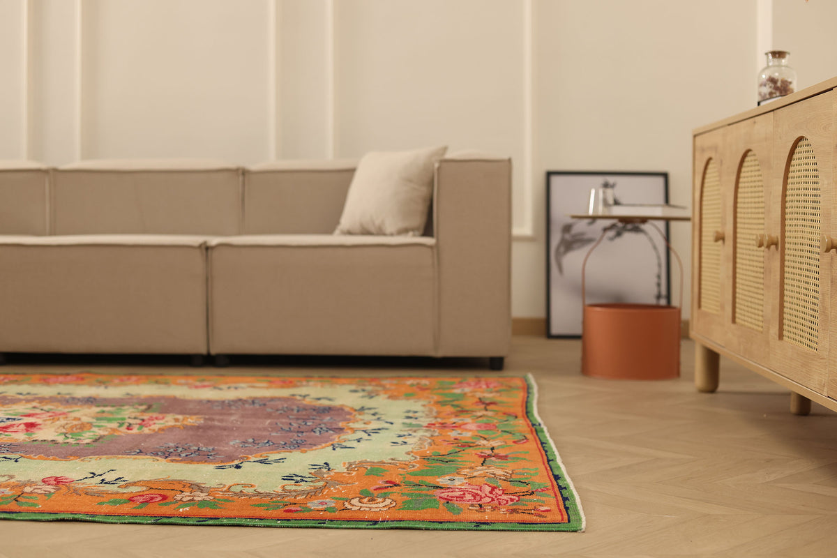 Vintage Isparta Turkish Area Rug 6x9 ft — Green & Orange Floral