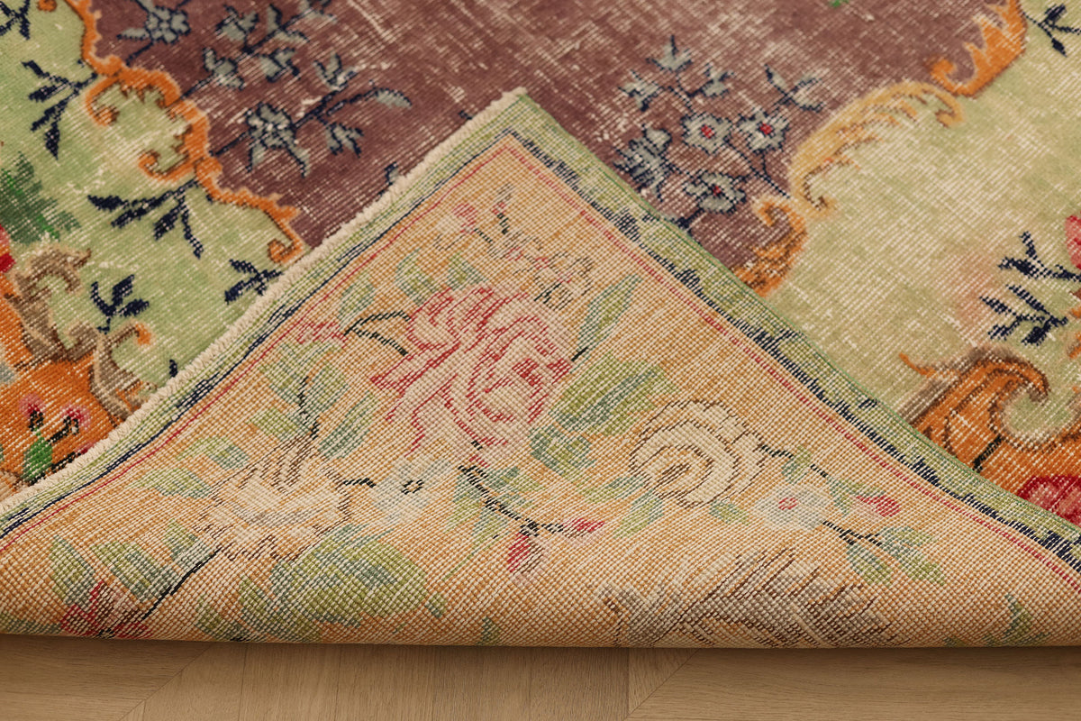 Vintage Isparta Turkish Area Rug 6x9 ft — Green & Orange Floral
