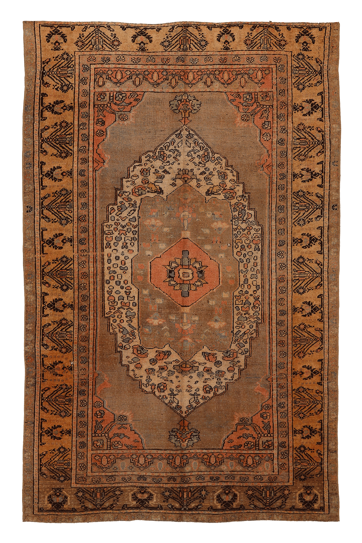 Vintage Kayseri Turkish Area Rug 5x8 ft — Brown & Orange Geometric