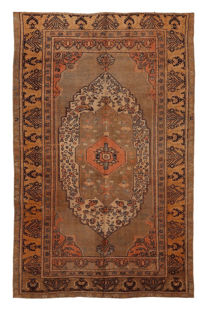Vintage Kayseri Turkish Area Rug 5x8 ft — Brown & Orange Geometric