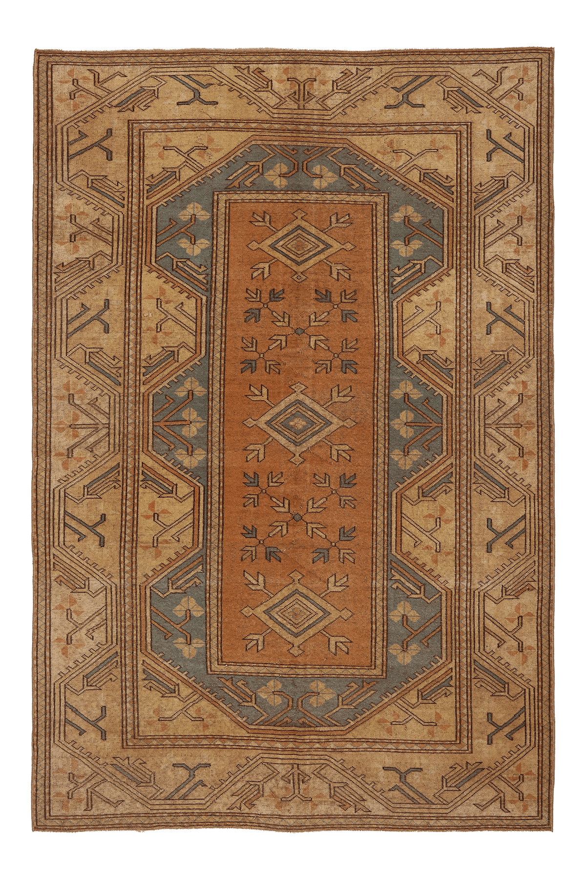 Vintage Muğla Turkish Area Rug 5x8 ft — Brown & Orange Geometric