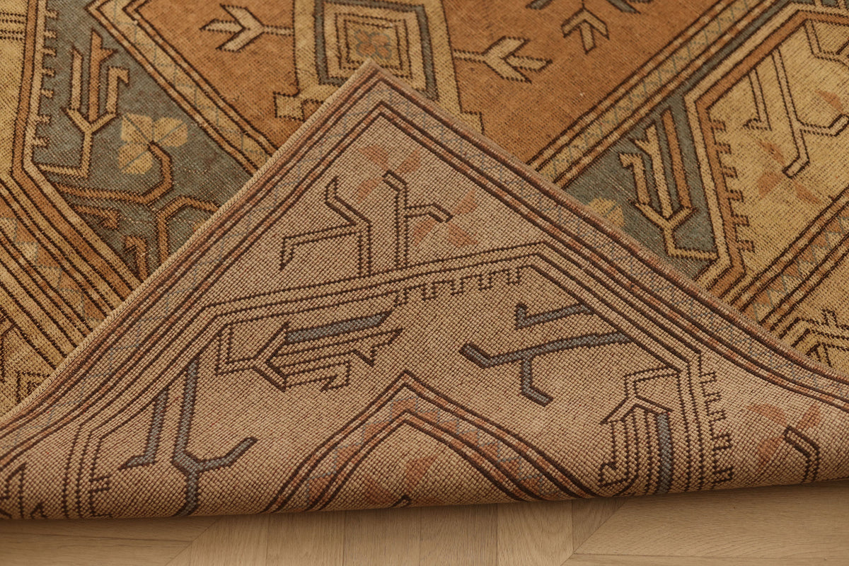 Vintage Muğla Turkish Area Rug 5x8 ft — Brown & Orange Geometric