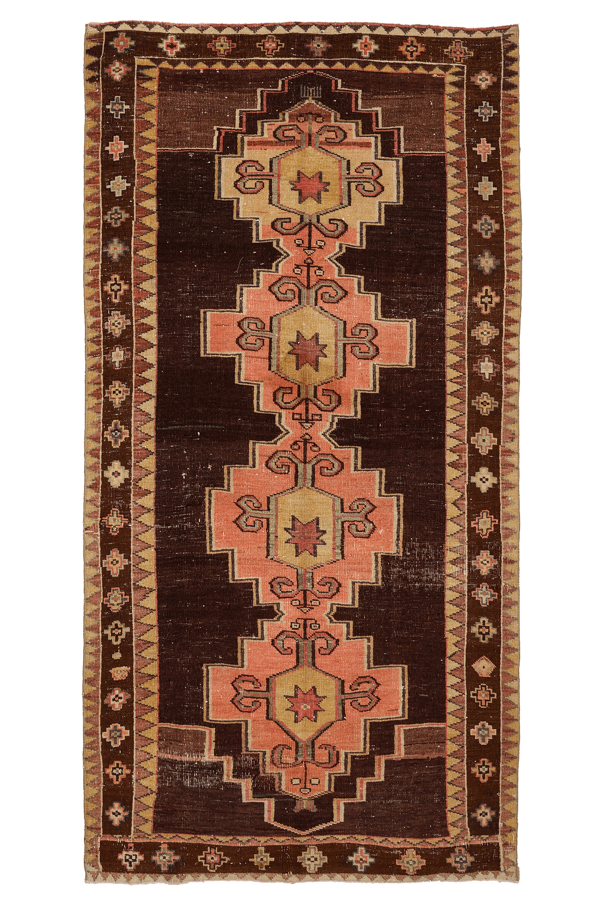 Vintage Kars Turkish Area Rug 5x10 ft — Brown & Pink Geometric