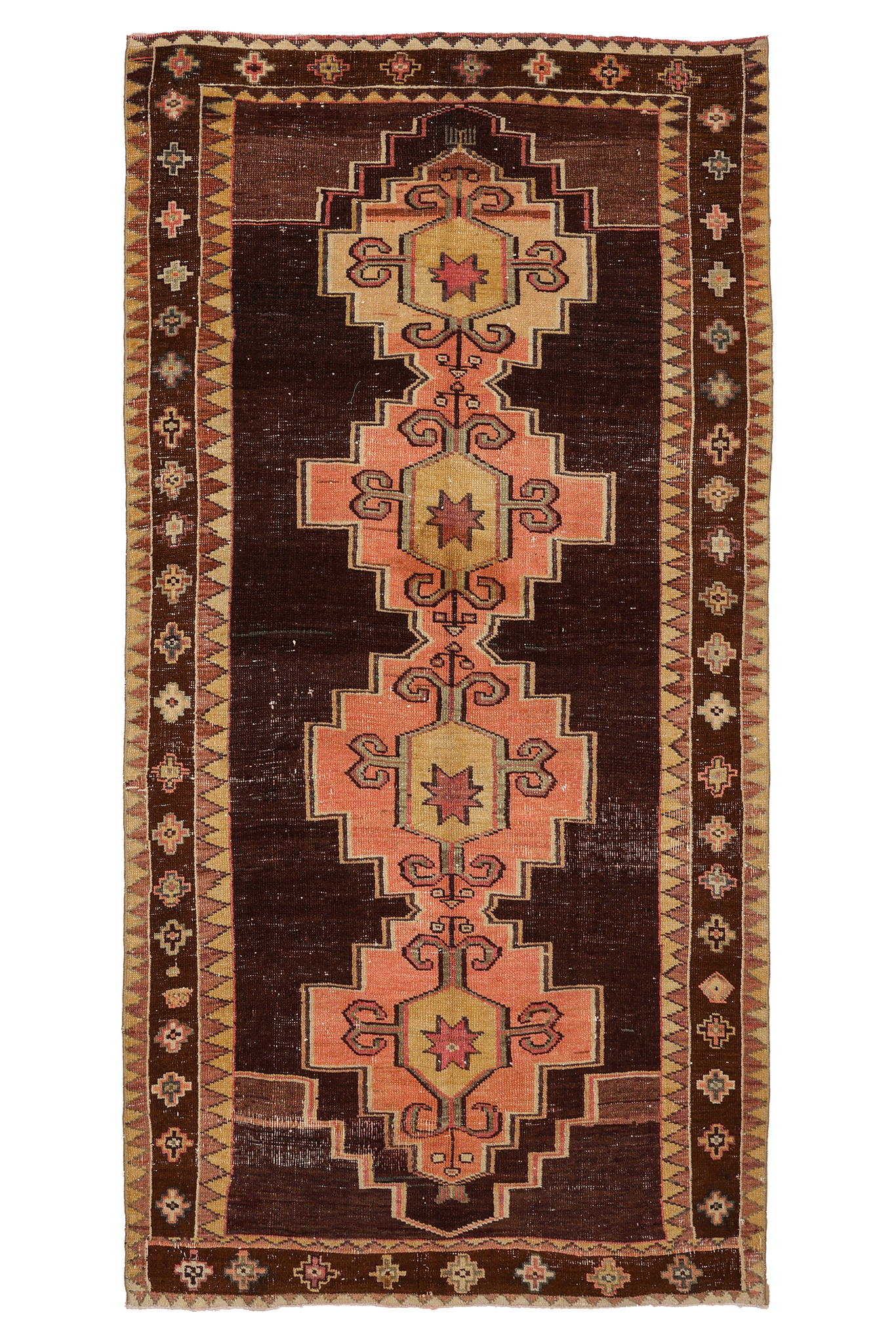 Vintage Kars Turkish Area Rug 5x10 ft — Brown & Pink Geometric