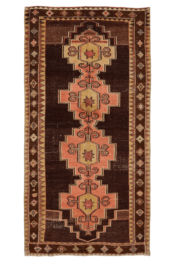 Vintage Kars Turkish Area Rug 5x10 ft — Brown & Pink Geometric