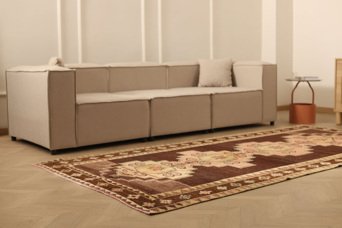 Vintage Kars Turkish Area Rug 5x10 ft — Brown & Pink Geometric