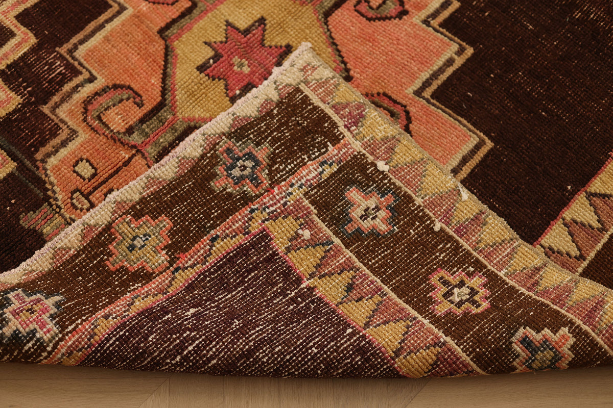 Vintage Kars Turkish Area Rug 5x10 ft — Brown & Pink Geometric