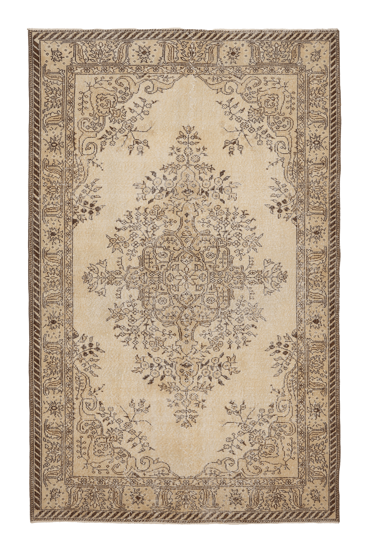 Vintage Isparta Turkish Area Rug 5x9 ft — Beige & Brown Floral (No. 39297)