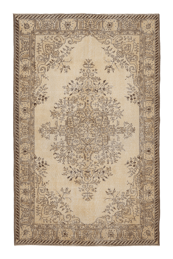 Vintage Isparta Turkish Area Rug 5x9 ft — Beige & Brown Floral (No. 39297)