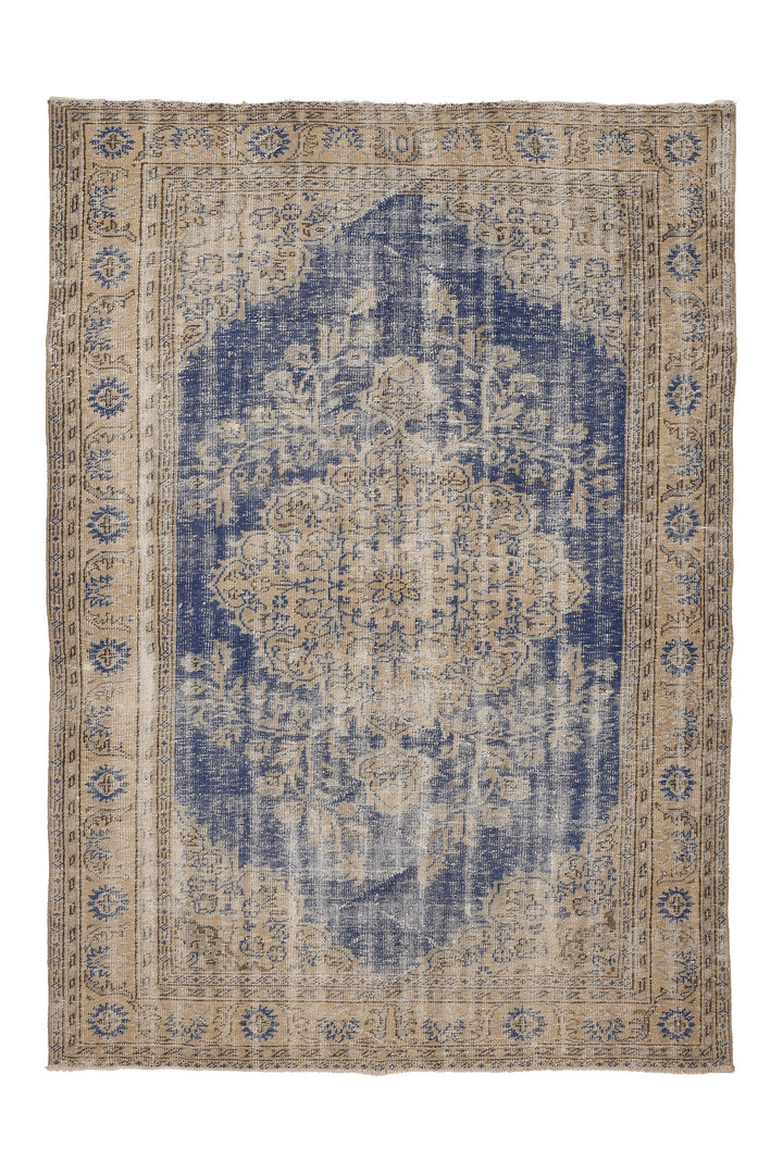 Vintage Manisa Turkish Area Rug 6x8 ft — Blue & Beige Distressed